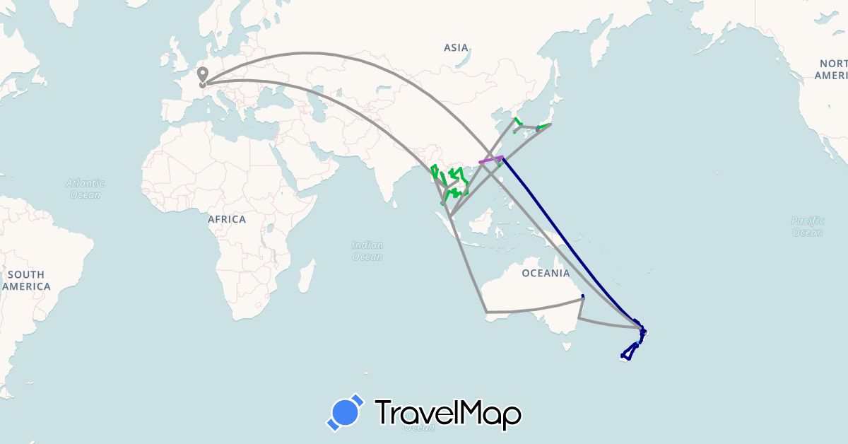 TravelMap itinerary: driving, bus, plane, train, hiking, boat in Australia, Switzerland, China, Japan, Cambodia, South Korea, Laos, Myanmar (Burma), Malaysia, New Zealand, Thailand, Taiwan, Vietnam (Asia, Europe, Oceania)